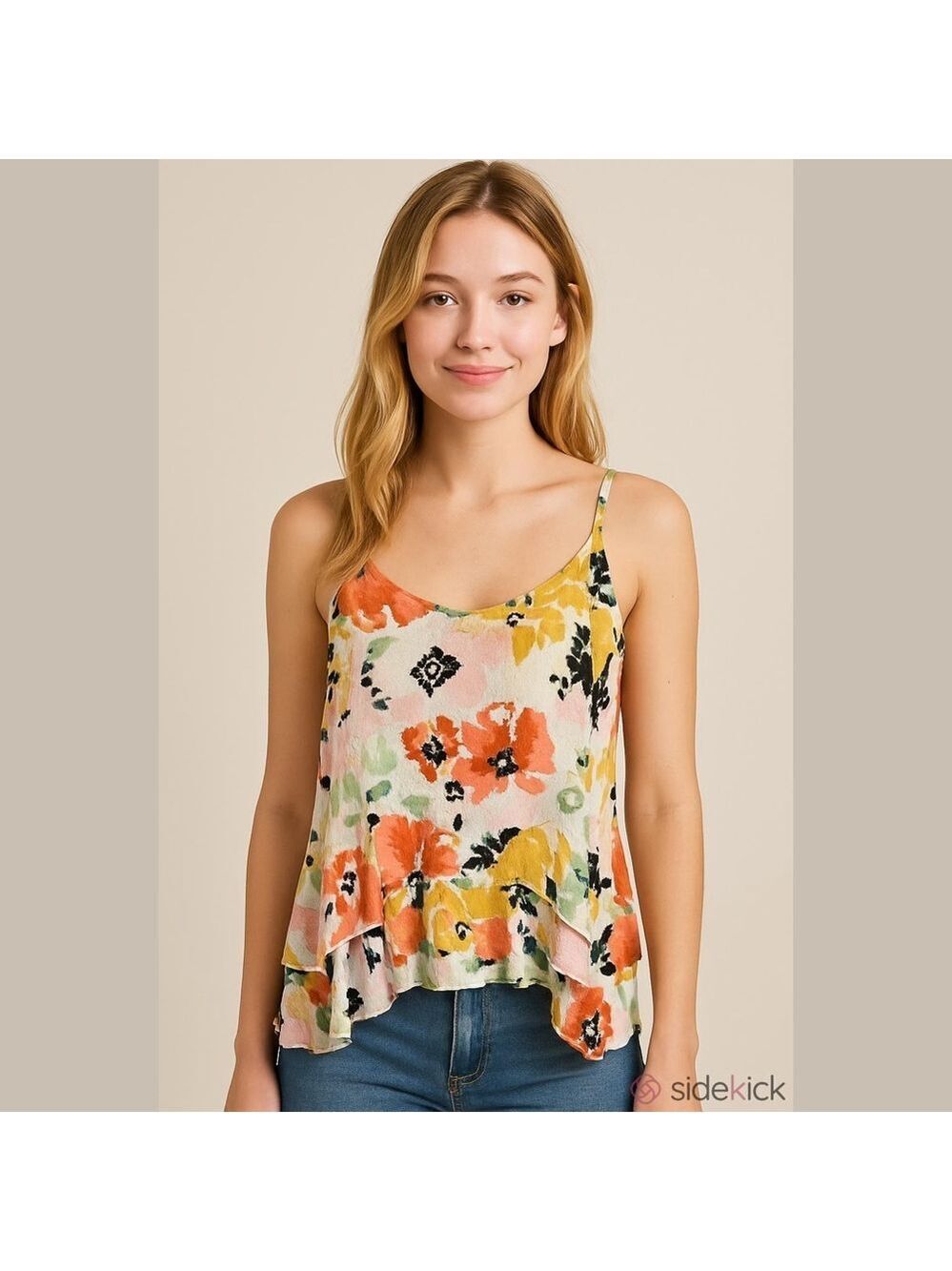 Volcom Floral Ruffle Hem Tank Top Small Boho Cami
